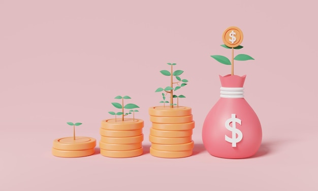 Coin stacks growing graph with Money tree plant and money tree on bag money Saving money concept finance sustainable development business investment economic growth financial growing 3d render