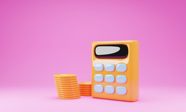 Coin stacks with calculator icon isolated on pink background 3d rendering illustration