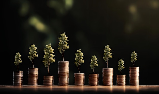 Photo coin stacks with trees and rising graph for financial growth concept creating using generative ai tools