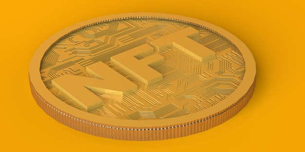 Coin with non fungible token nft on the blockchain copy space 3d illustration
