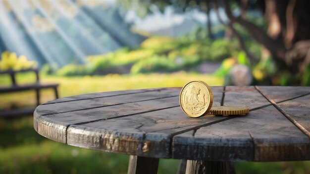 Coin on wooden table on blurred nature