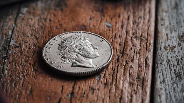 Coin on wooden table