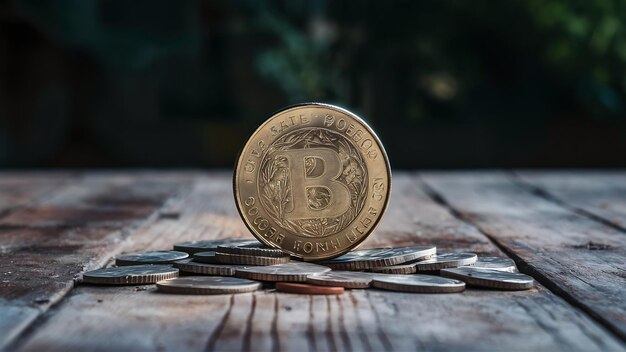 Coin on wooden table