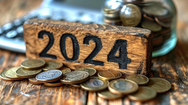 사진 2024년 새해 날짜가 새겨진 동전과 나무 블록