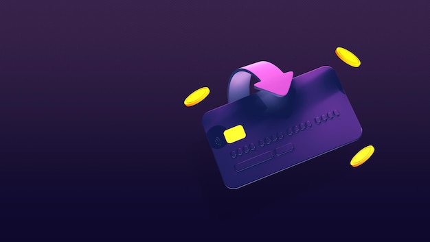 Coins Around Credit or Debit Card and Arrow on Dark Purple Background Cashless Credit Banking Card