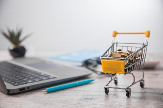 Coins on basket with notebook