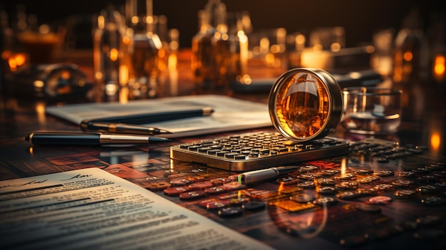 coins calculator and magnifying glass on an old table