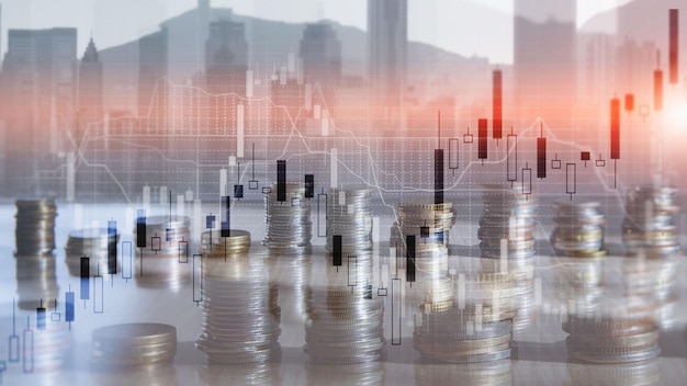 Coins city Forex Financial graph on city scape background double exposure