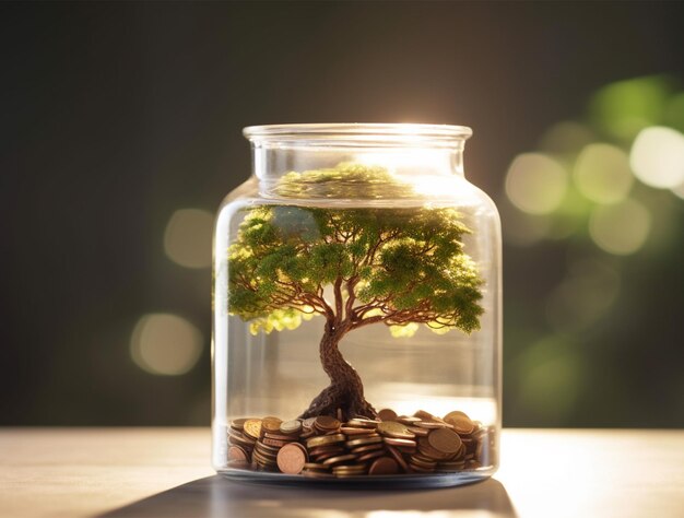 Coins in a clear glass jar money saving concept