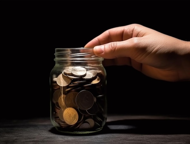 Coins in a clear glass jar money saving concept