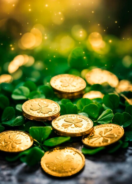 Photo coins and clover for st patricks day selective focus