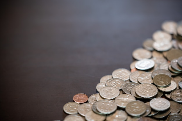 coins and copy space piled up on the desk.