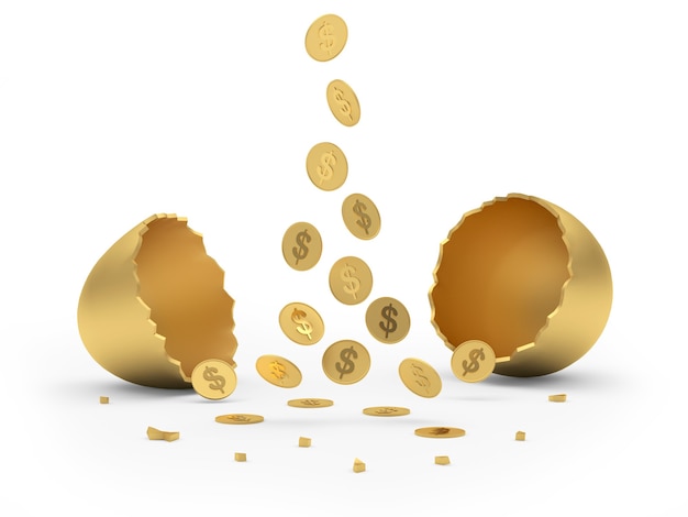 Coins fall into a broken golden egg