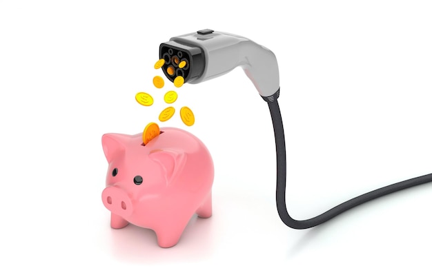 Coins fall into the piggy bank from the plug for charging electric car Economy fuel concept isolated