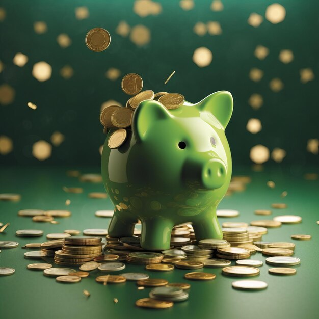 Coins falling into green piggy bank portraying investment