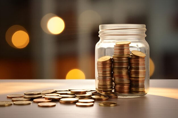 Coins in a glass bottle on the table with copy space Growth economy AI generated