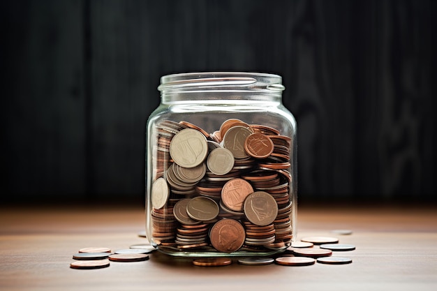 Coins in glass jar on brown wooden background