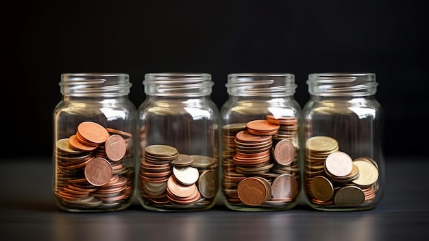 Coins in a glass jar on a dark background Saving money concept