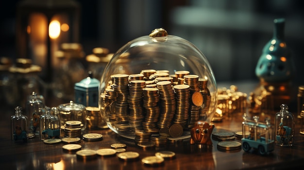 coins in glass jar and house with money