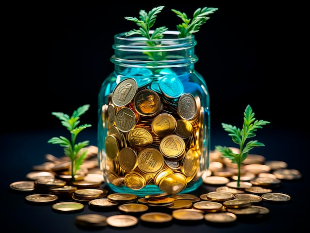 Coins in glass jar with green plant on black background Saving concept Generative AI