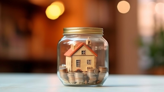 Coins in a glass jar with a red arrow pointing up and a home model the idea of growing real estate prices GENERATE AI