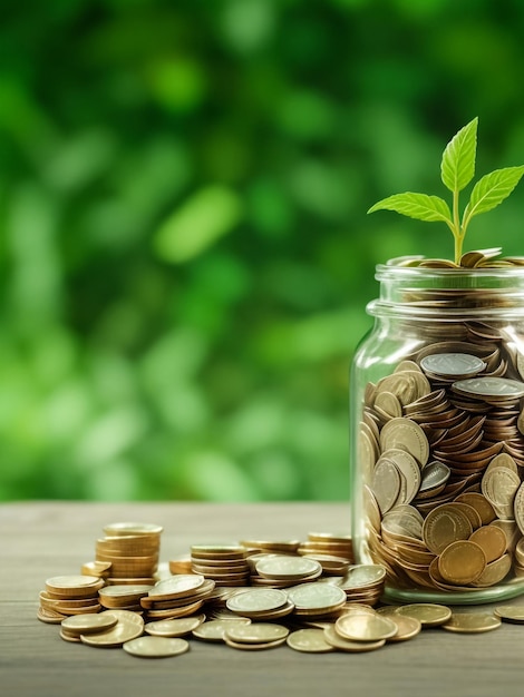 Coins in glass jar with the small tree on top set on wooden plate put in a green park background al