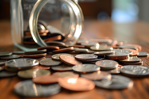 Photo coins in glass jar on wooden table concept of money saving budgeting