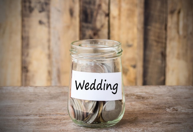 Photo coins in glass money jar with wedding label financial concept