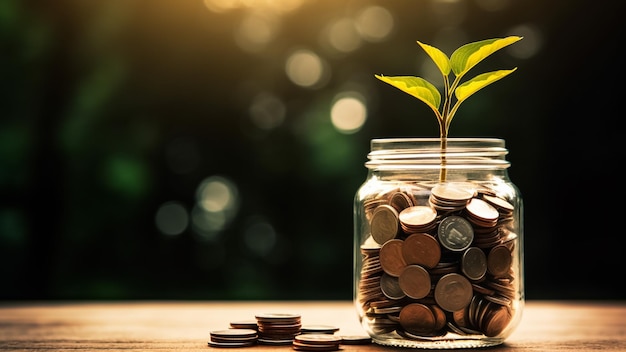 Coins in glass and stack coins with the plant for business and tax season