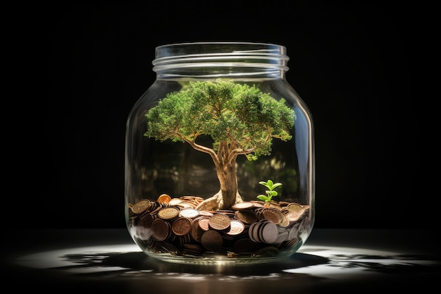 Coins grow plant in jar investment and interest