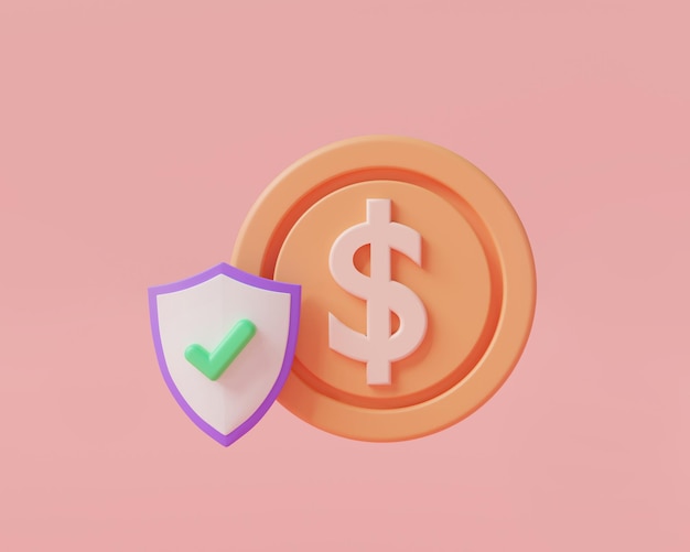 Coins money and protection shield with security icon on pink background Deposit money online payment protection money savingMoney security concept 3d render illustration cartoon minimal style