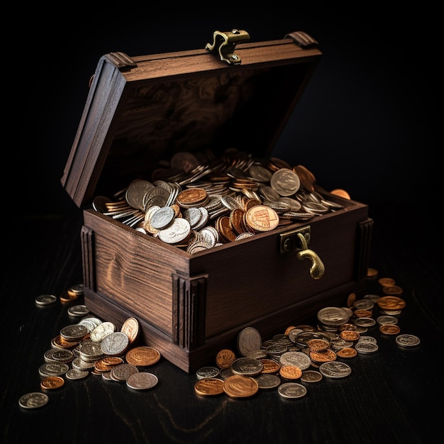 Coins and money in a wooden box on a black background