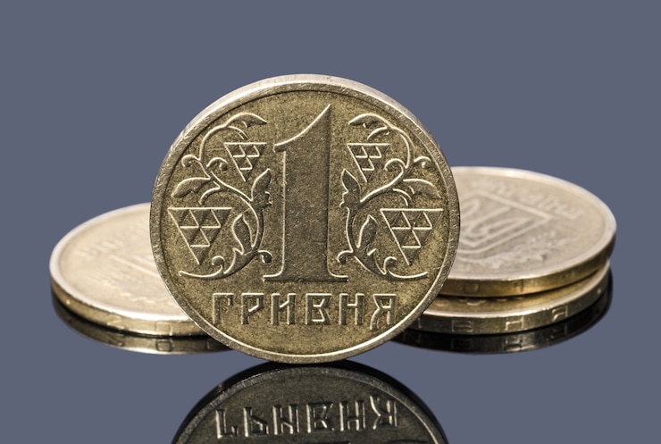 Фотография монеты одной украинской гривны на сером фоне
