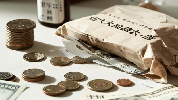 Photo coins paper money and a brown paper bag