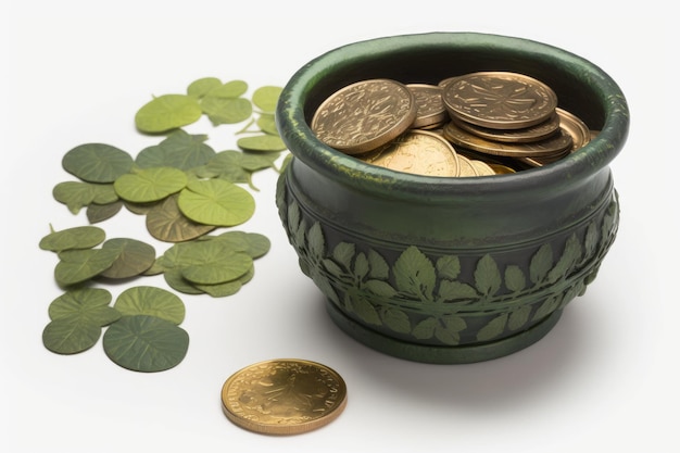 Coins in a pot on a white backdrop