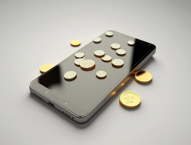 coins on smart phone, digital currency,