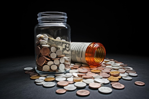 Coins spilling out of a glass jar on black background with copy space Expensive medicine contempt with money and medicine AI Generated