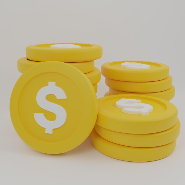 Coins stack 3d rendering, coins icon, coin standing on stacked coins modern design, coins pile, coin