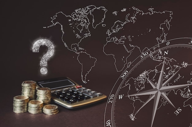Coins Stack and calculator and virtual gologram of question mark and world map. Concept of business