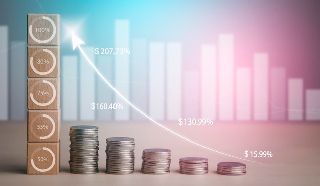 Coins stack in front of square wood and icon arrow business Save money concept Property investment house loan reverse mortgage gold coins money stack growth saving money coins stack future for h