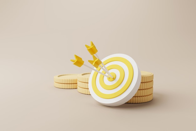 Coins stack growthing meaning increase money value with dartboard and arrow. Save money and investment concept. 3d rendering illustration