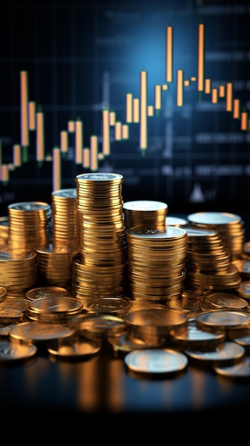 Coins stack with dynamic stock market graph in 3D rendering Vertical Mobile Wallpaper