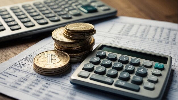 Coins stacked on calculator with financial papers