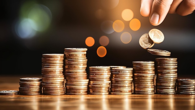 Coins stacked on each other with bokeh background business growth concept