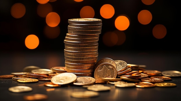 coins stacked up in pyramid and lit up on a dark background