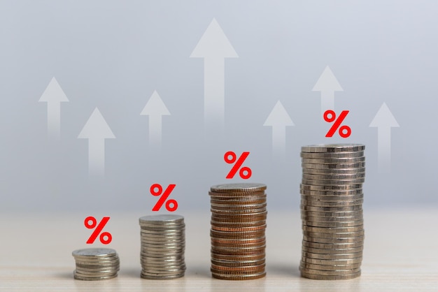 Coins stacked with percentages and arrows Business Finance Inflation Investments and Marketing