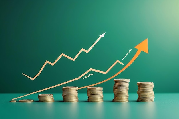 Photo coins stacking and increasing graph and up arrow on green background for economic growth