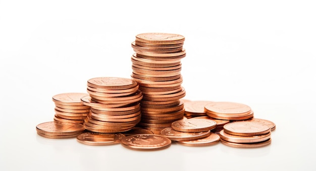 Coins on White Background Pile of Gold Currency with Selective Focus for MoneySaving Concept