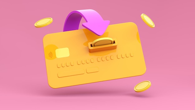 Coins with orange credit or debit card and arrow on pink background Cashless credit banking card