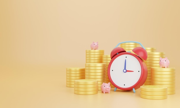 coins with piggy bank clock with earning profit concept Gold coins or currency of business